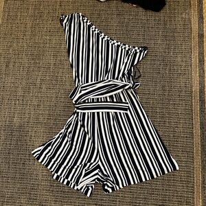 New York & Company Blue and White Jumpsuit with Asymmetrical Neckline